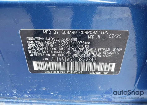 2020 Subaru Wrx из США, поврежденный, VIN JF1VA1A62L9822347